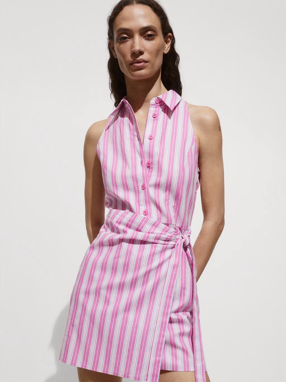 Mango Pink and White Striped Sleeveless Collared Mini Dress